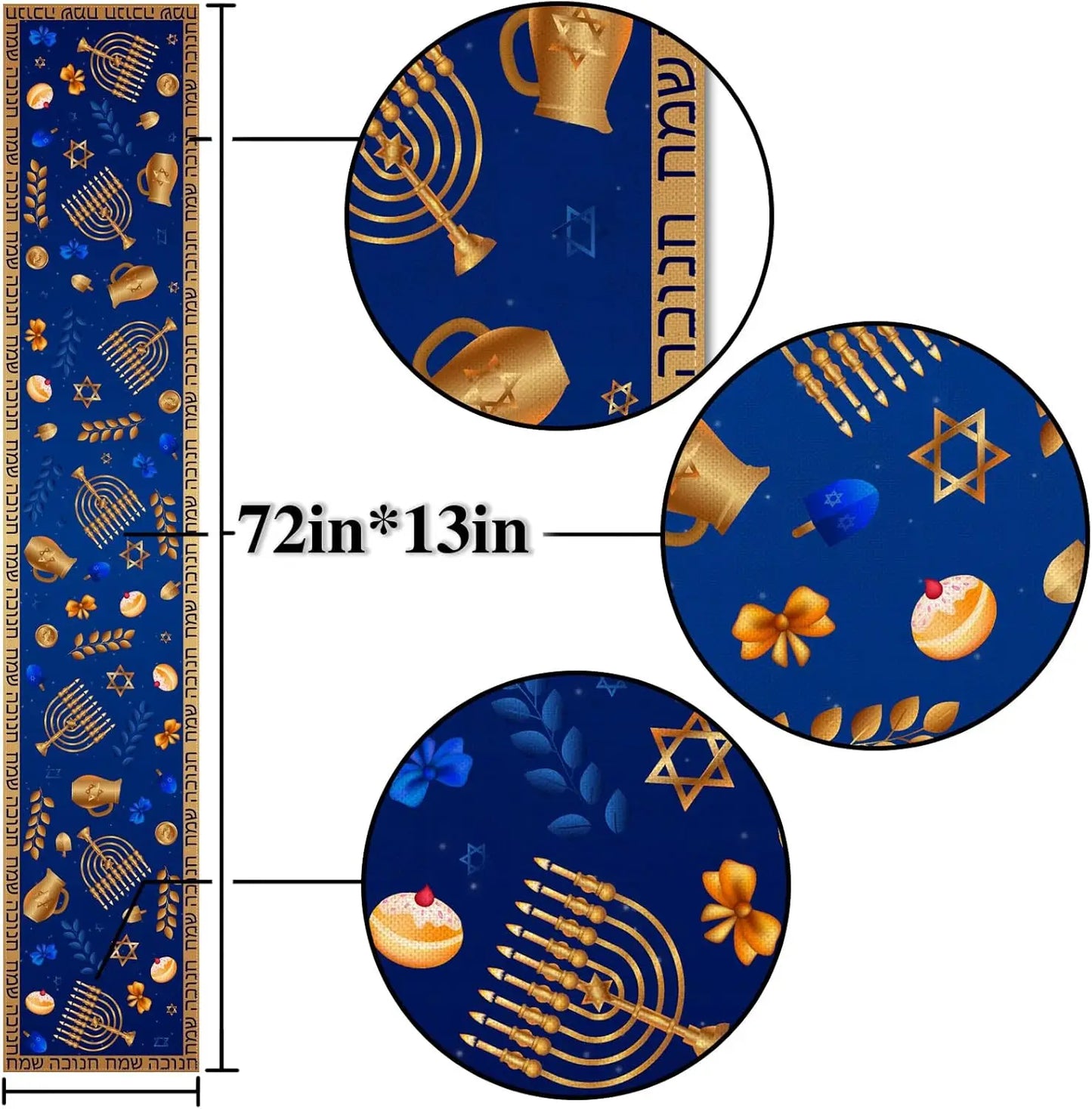 Hanukkah Table Runner 71" - Menorah & Hebrew Design for Festival of Lights Celebration