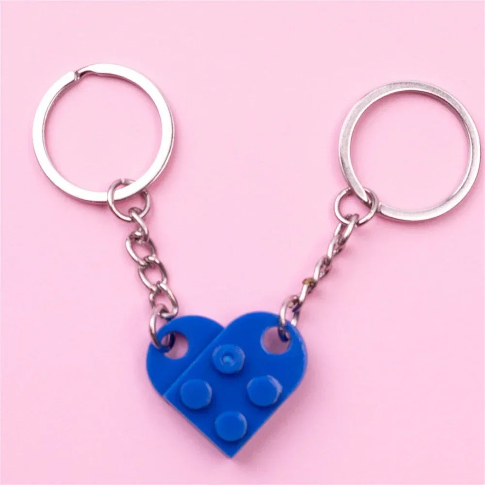 Matching Heart Brick Keychain Set - 2pc Building Block Keyrings for Couples & Friends - 8 Color options