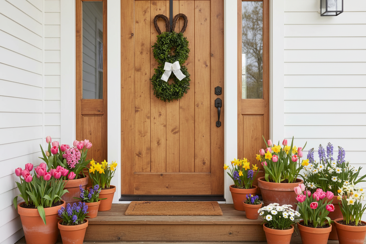 Easter Bunny Wreath on Brown Wood Door