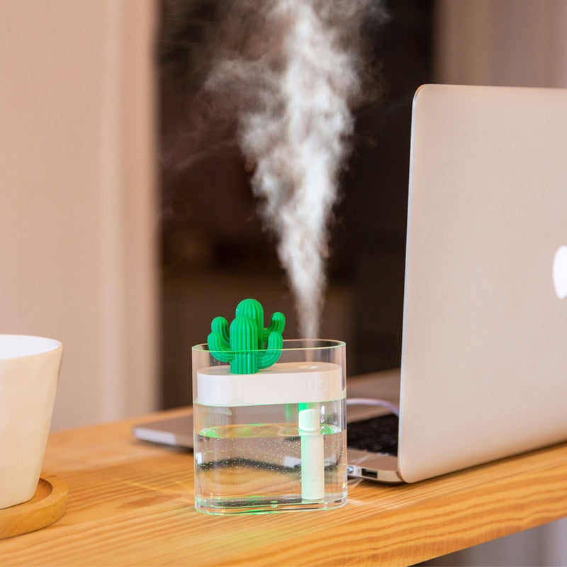 Cactus USB Humidifier & Essential Oil Diffuser - 5.4oz Ultrasonic Aromatherapy Mist Maker with LED Light