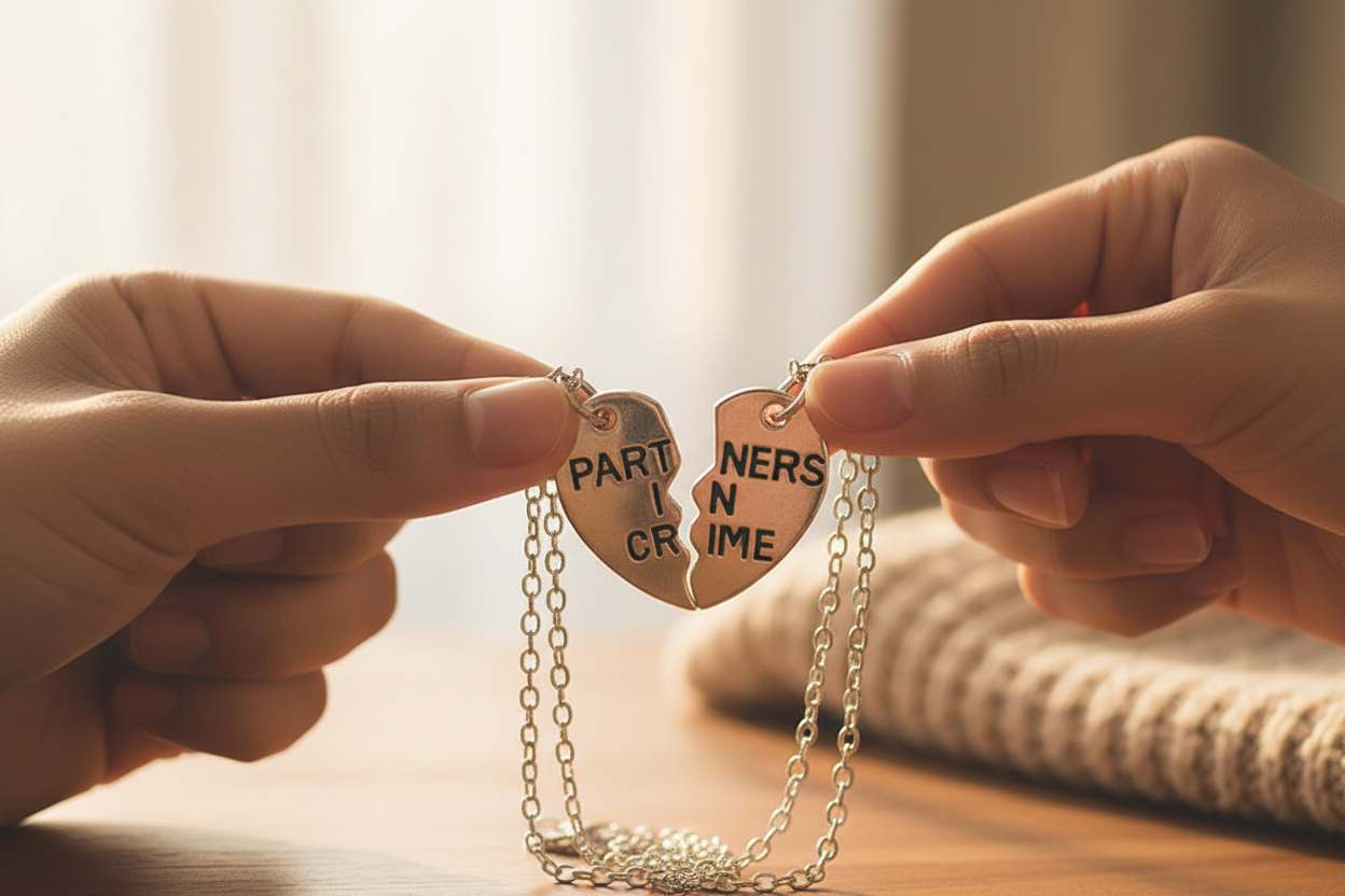 Two Hands Holding Matching Partner in Crime Necklaces