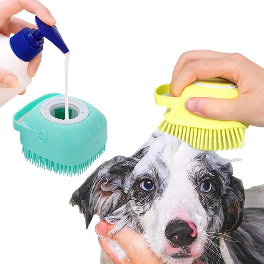 2 in 1 Pet Massage Shampoo Brush with Liquid Dispenser, Soft Silicone Grooming Tool