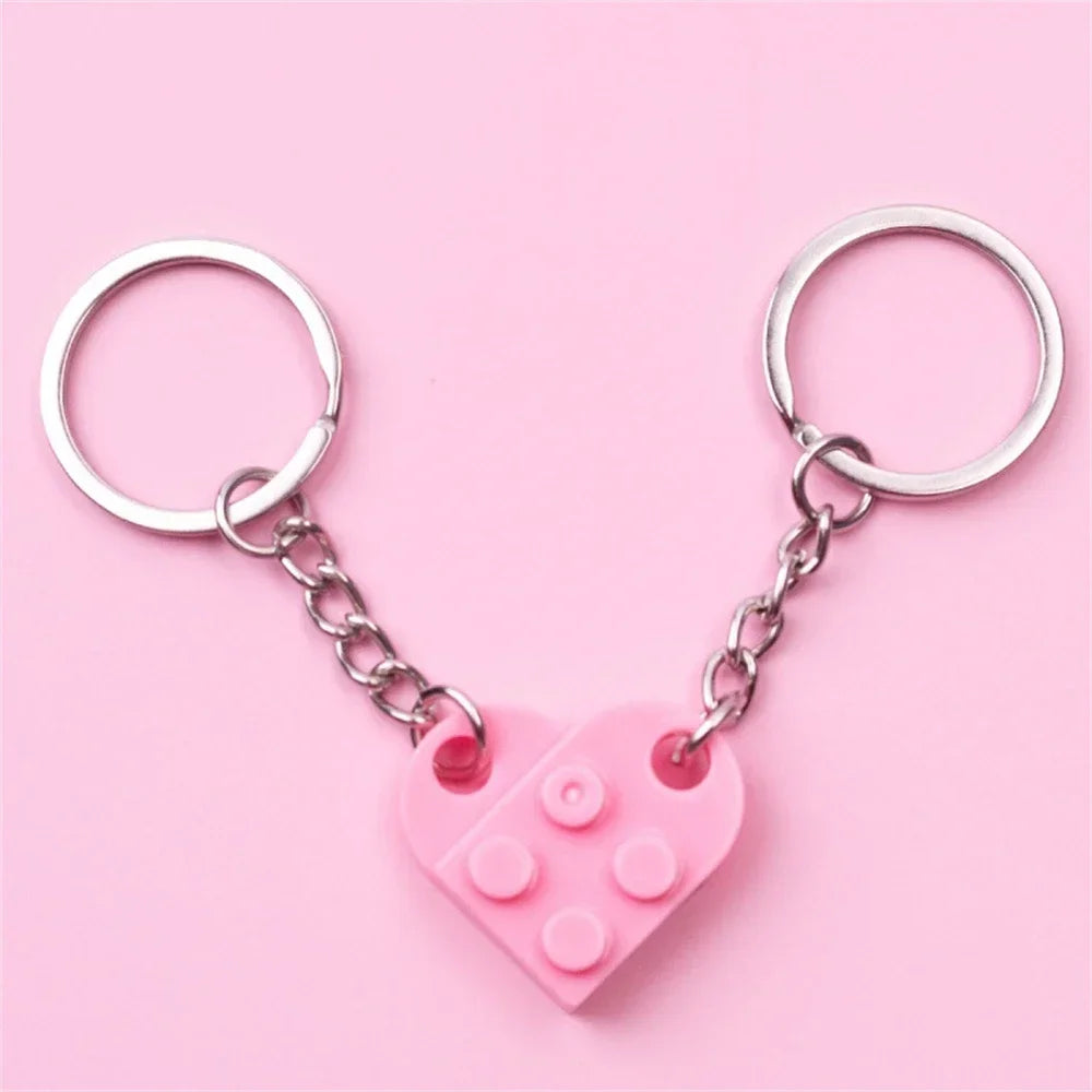 Matching Heart Brick Keychain Set - 2pc Building Block Keyrings for Couples & Friends - 8 Color options
