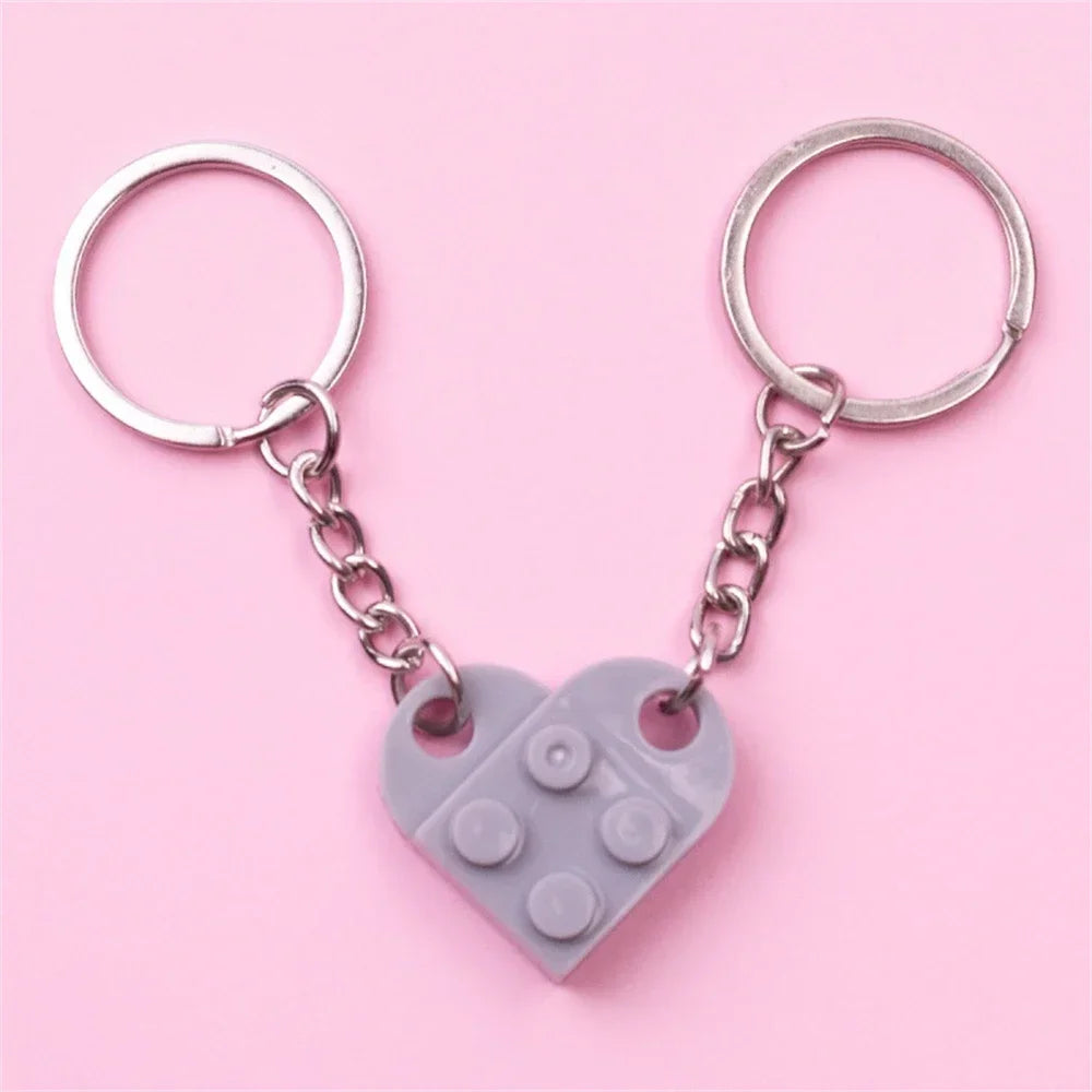 Matching Heart Brick Keychain Set - 2pc Building Block Keyrings for Couples & Friends - 8 Color options