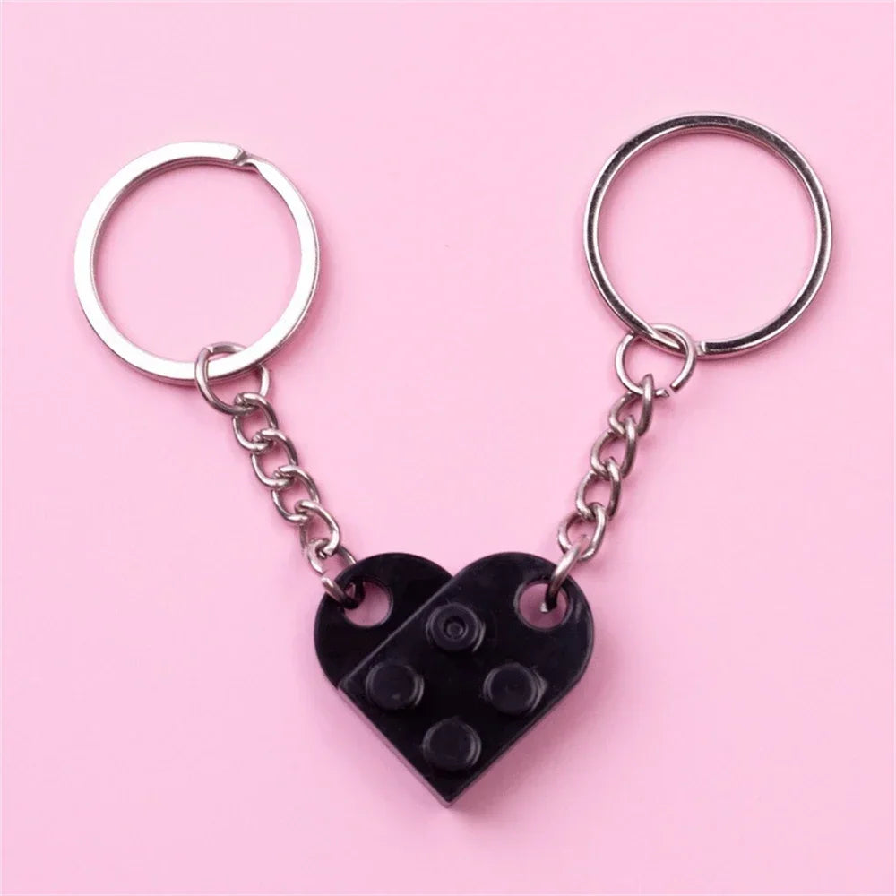 Matching Heart Brick Keychain Set - 2pc Building Block Keyrings for Couples & Friends - 8 Color options