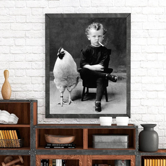 Vintage Boy with Pet Chicken Portrait - Antique Photography Canvas Print Wall Art