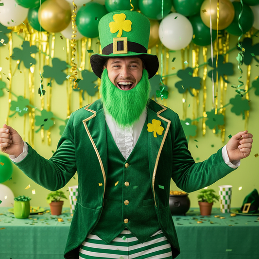 Adult Wearing St. Patrick's Day Costume - Green Hat with Yellow Shamrock, Black Belt, and Green Beard