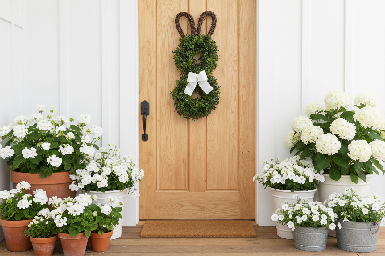 Easter Bunny Wreath on Light Wood Farmhouse Door - Close Up