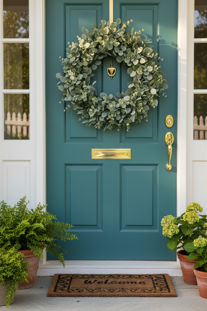 Eucalyptus wreath hanging on front door
