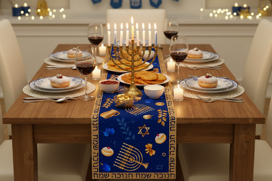 Hanukkah Table Runner on Festive Dining Table