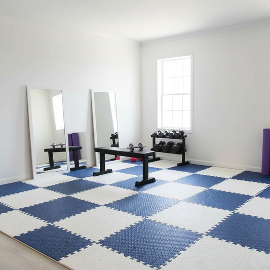 Realistic Home Gym with Blue and White Foam Tiles