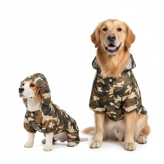 Small and large dogs in camo raincoats on white background