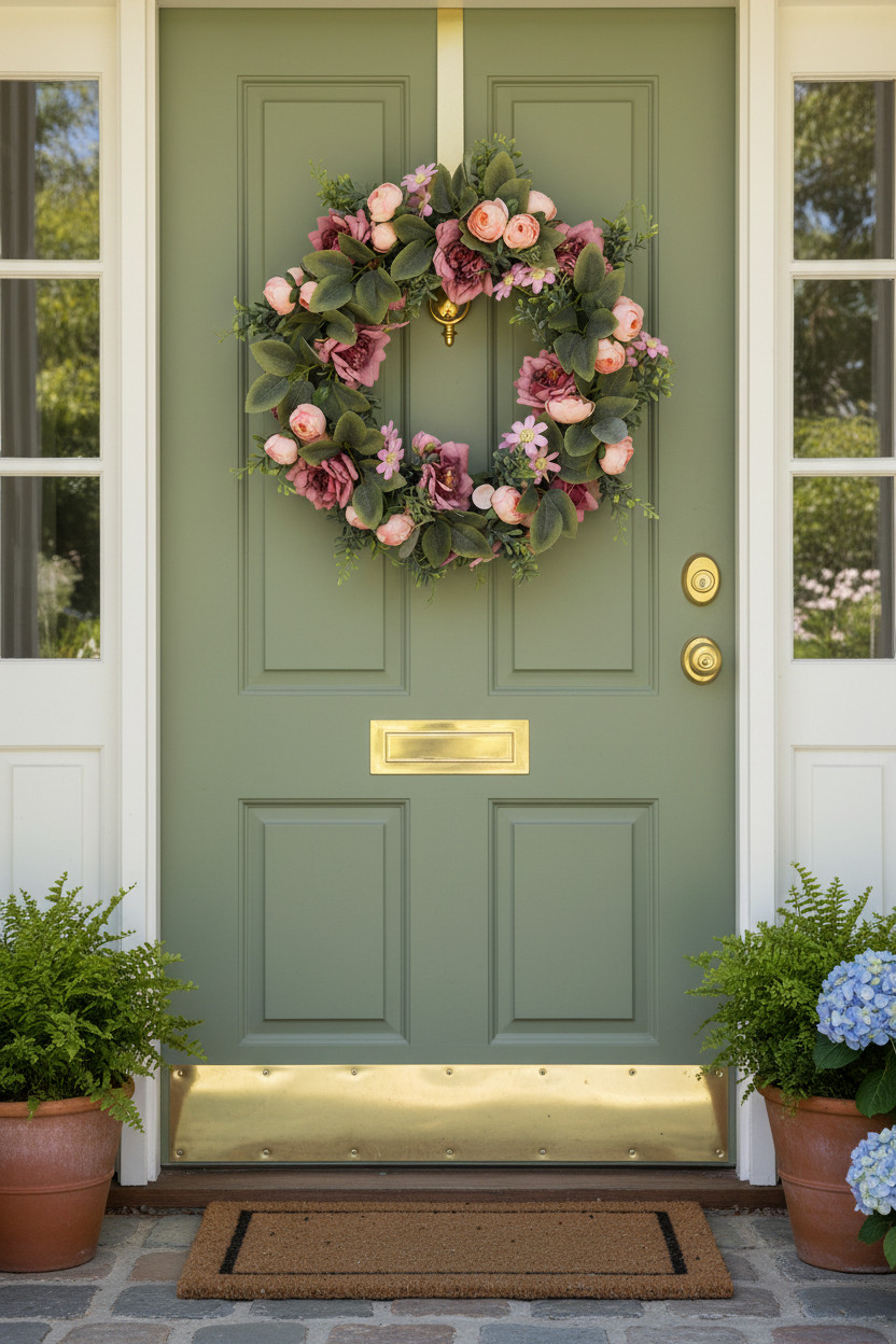 Wreath hanging on front door lifestyle shot